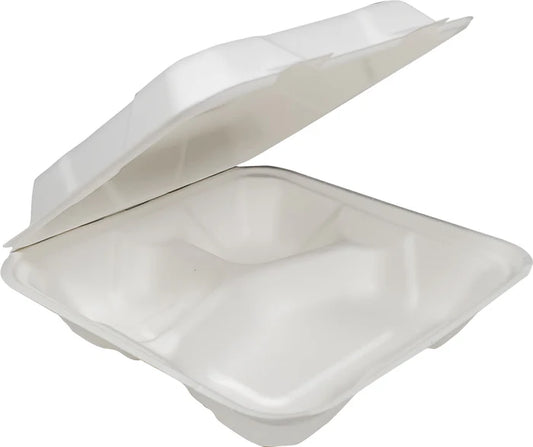 Bagasse Clamshell Container 9x9 3 Comp.